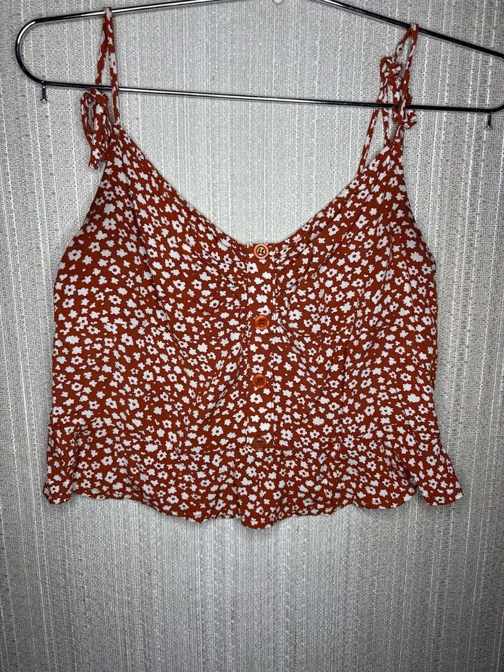 Blush BJ Rust Orange White Floral Tie Strap Button Up Crop Top Size M